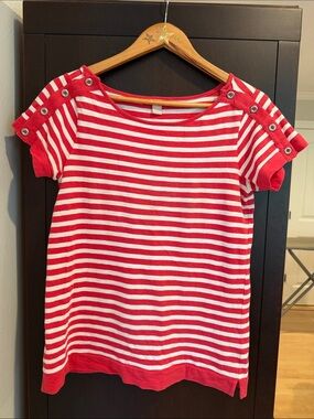 Banana Republic Red & White Striped Short Sleeve Tee with Button Shoulder